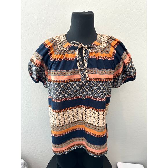 LOFT | Petite Boho Print Keyhole Short Puff Sleeve Peasant Top | Small - Picture 2 of 6